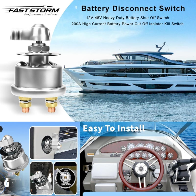 FASTSTORM 200A High Current Master Battery Disconnect Switch,12-48V Battery Power Cut Off Isolator Killer Switch with Face Plate for Car Vehicle RV Truck Boat Marine ATV - Image 3